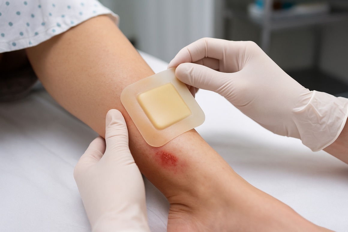 Clinical photo of hydrocolloid dressing being applied on a superficial wound on the leg by a healthcare professional. Clinical photo of hydrocolloid dressing being applied on a superficial wound on the leg by a healthcare professional.